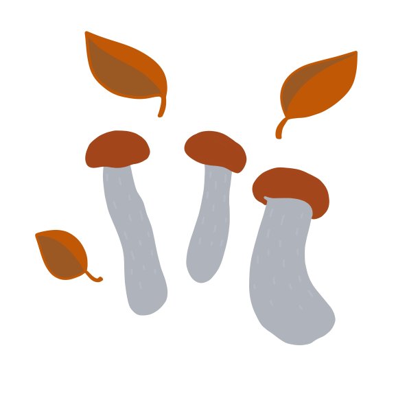 三种蘑菇，灰色的茎上有一顶亮棕色的帽子，三片不同大小的叶子呈扁平状。明亮的蘑菇和叶子在白色的背景。图片下载