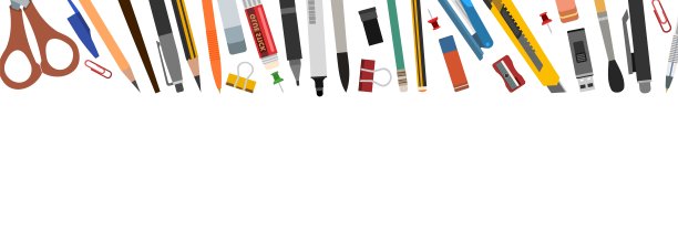 文具。办公用品，学校用品和创意用品。顶部框架。横幅。白色背景上的孤立物体。矢量图图片下载