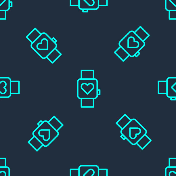 绿线智能手表显示心跳频率图标孤立无缝模式在蓝色背景。健身应用程序的概念。向量图片下载