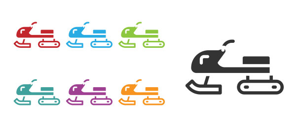 黑色雪地车图标孤立在白色背景。玩雪地摩托车的迹象。极限运动。设置图标丰富多彩。向量图片下载