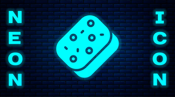 霓虹灯海绵与气泡图标孤立在砖墙的背景。一缕洗碗用的韧皮。清洁服务的标志。向量图片下载