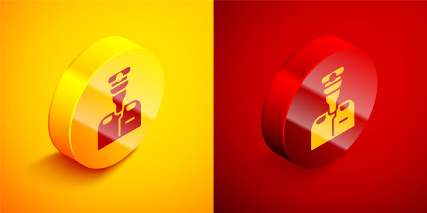 等距船长船图标孤立在橙色和红色的背景。旅游、旅游、航海运输。远航客轮、邮轮。圆按钮。向量图片下载