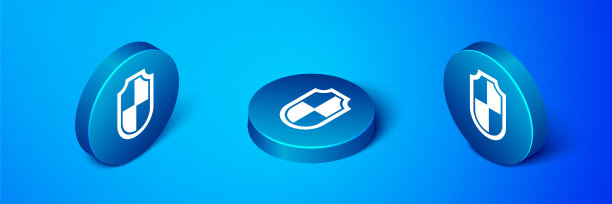 等距盾牌图标隔离在蓝色背景。警卫队的迹象。安全、安全、保护、隐私的理念。蓝色圆按钮。向量图片下载