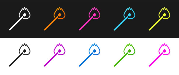 设置燃烧火柴与火图标隔离在黑色和白色的背景。匹配用火。匹配的迹象。向量图片下载