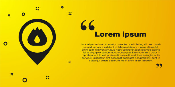 黑色地图指针与火焰图标隔离在黄色背景。火附近。向量图片下载