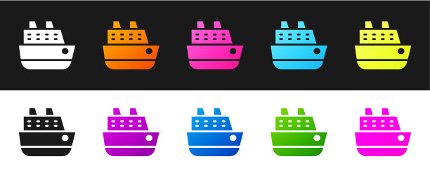 设置邮轮图标孤立的黑色和白色背景。旅游、旅游、航海运输。远航客轮、邮轮。全球巡航。向量图片下载