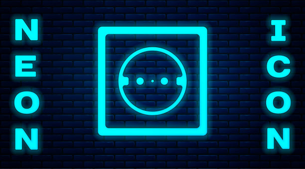 砖墙背景上发光的霓虹灯电源插座图标。电源插座。玫瑰花饰符号。矢量图图片下载