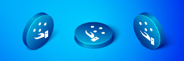 等距杂耍球图标孤立在蓝色背景。蓝色圆按钮。向量图片下载