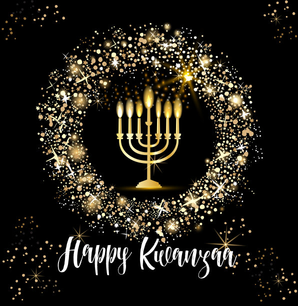 宽扎节的旗帜，传统蜡烛代表七项原则或恩古萨巴。黄金闪闪发光，字母宽扎节快乐。图片下载