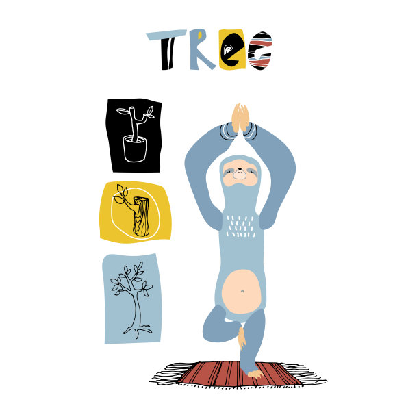 可爱有趣的蓝树懒在家里的垫子上做瑜伽练习，图片下载