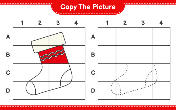 复制图片，使用网格线复制圣诞袜的图片。教育儿童游戏，可打印的工作表，矢量插图图片下载