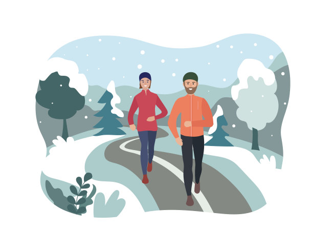 一男一女在冬季公园里跑步。在雪地里进行户外运动训练。跑步者在移动。马拉松和户外长跑。每天跑步健身，风雨无阻图片下载
