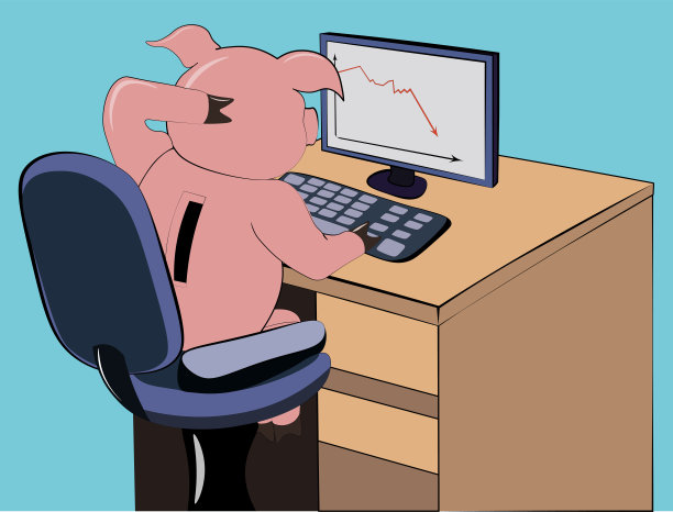 一个困惑的储蓄罐坐在办公椅上，旁边的桌子上有一个电脑屏幕，上面显示着财务图表。图片下载
