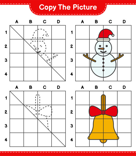复制图片，使用网格线复制雪人和金色圣诞钟声的图片。教育儿童游戏，可打印的工作表，矢量插图图片下载