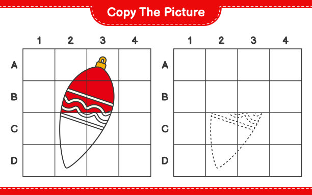 复制图片，使用网格线复制圣诞灯的图片。教育儿童游戏，可打印的工作表，矢量插图图片下载