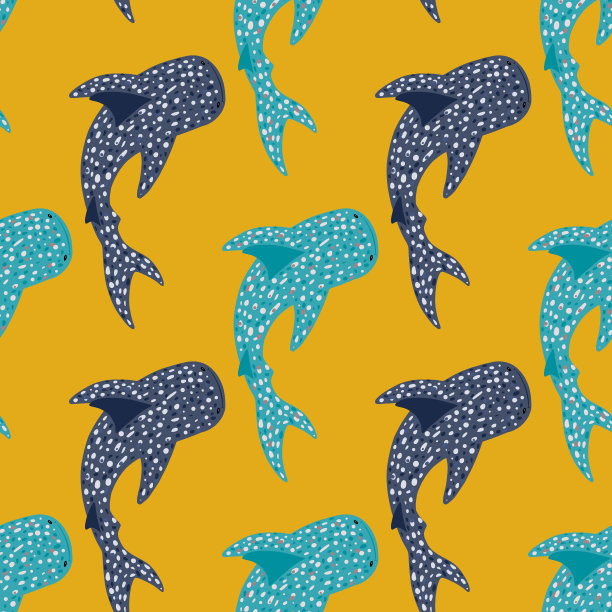 明亮的对比无缝动物图案与蓝色和海军鲸鲨形状。黄色背景。图片下载