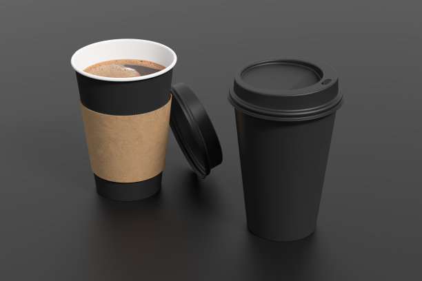 两个黑色的带走咖啡纸杯模仿与黑色的盖子在黑色的背景。可打开(带支架)和封闭的一次性杯子。图片下载