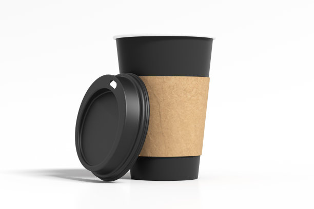 黑色带走咖啡纸杯模型与打开的黑色盖与holder在白色背景。图片下载