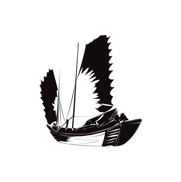 剪影的传统亚洲船与渔民图片下载