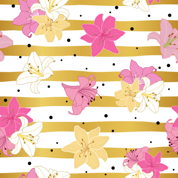 无缝百合花图案上的金色条纹图片下载