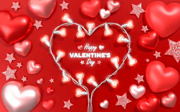 闪亮的红色和粉红色的颜色心和灯与快乐情人节标题上的红色图片下载