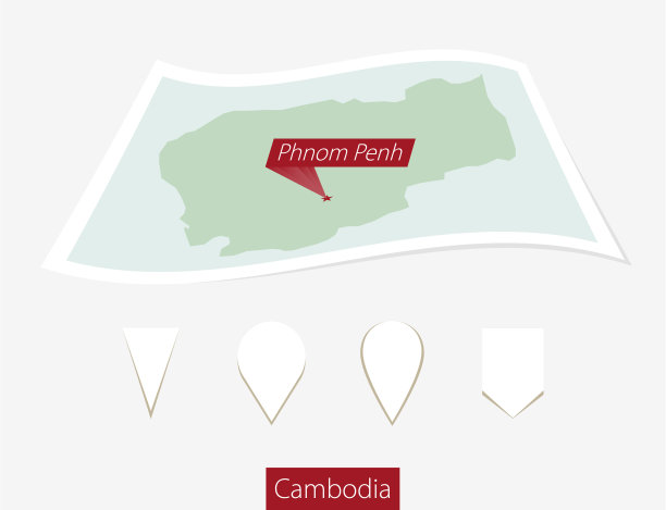 弯曲的柬埔寨纸地图与首都金边图片下载