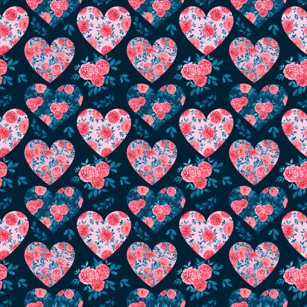 水彩玫瑰和花心在黑暗的绿松石背景。无缝的模式图片下载