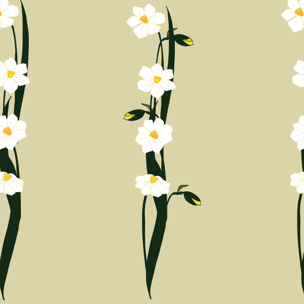 无缝向量模式与白色的花和水仙花芽在米色背景。春天的花。适用于设计、装饰、墙纸、纺织、制造、面料。图片下载