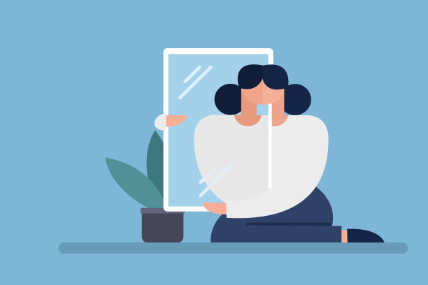 一个女人拿着镜子看着镜子里的自己。图片下载