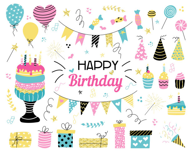 设定生日的主题。气球，蛋糕，蛋糕，礼物，糖果。明亮的颜色。矢量平面插图上的白色背景图片下载