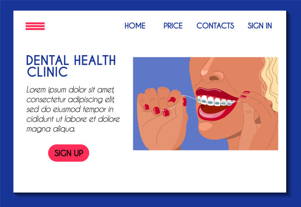 牙科诊所网站模板。牙齿健康，口腔卫生，咬合矫正，正畸。年轻女子戴牙套使用牙线日常例行。股票平面插图概念着陆页图片下载