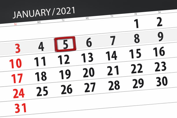 2021年1月的日历计划，截止日期，5号，星期二图片下载