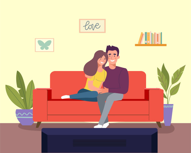 年轻的女人和男人坐在沙发上，在客厅看电视。矢量平面样式插图图片下载
