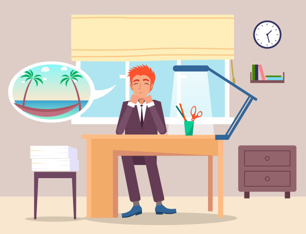 上班族梦想着暑假，坐在自己工作的地方度假，与世隔绝图片下载