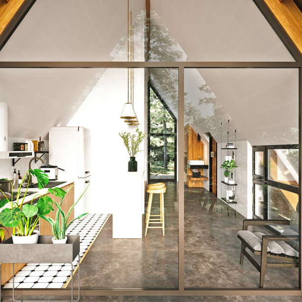 屋顶房子起居室的3D渲染图片下载