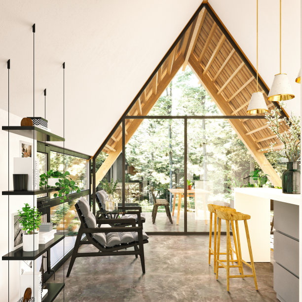 屋顶房子起居室的3D渲染图片下载