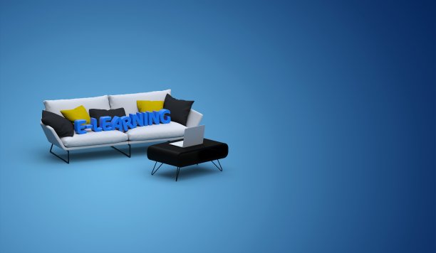 在沙发前面的桌子上放一台笔记本电脑，上面有电子学习文本3D渲染图片下载