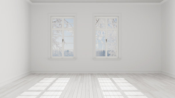 空房室内设计，开放空间，两大全景窗，白色拼花地板，冬雪全景，现代建筑理念图片下载