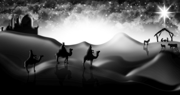 三贤士在伯利恒城与小耶稣在马槽见面的圣诞场景图片下载