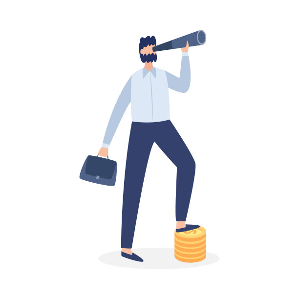 卡通商人站在硬币堆上透过望远镜看东西图片下载