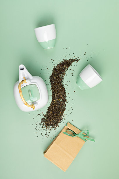 粉彩背景上的白瓷干绿茶茶壶和纸袋。环保有机品牌理念。品牌模型图片下载