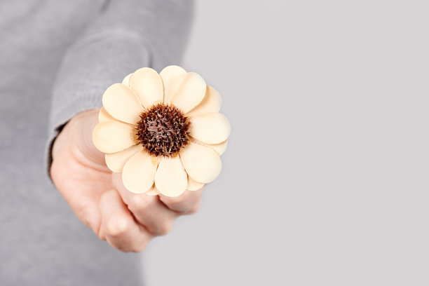 手与装饰花在灰色背景。图片下载