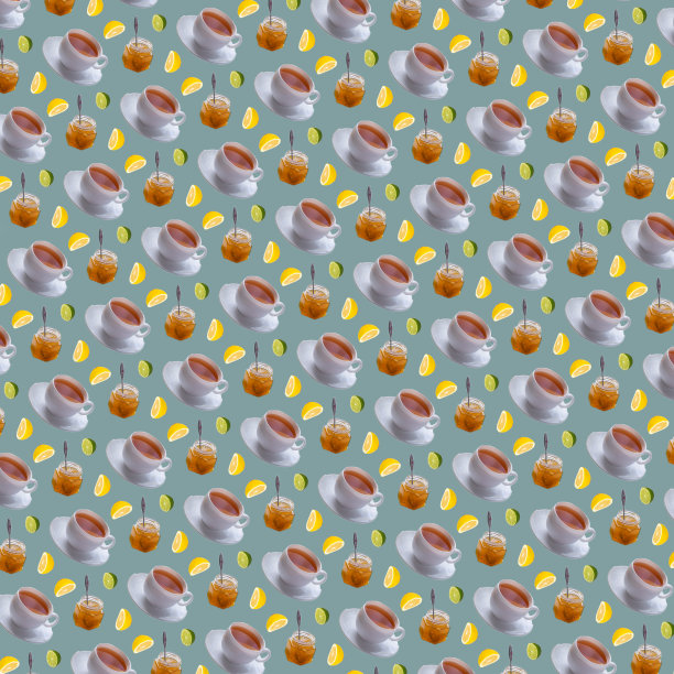 无缝图案的杯子与茶，柠檬片和酸橙片，果冻罐在柔软的绿色背景。照片拼贴。波普艺术。明信片。印刷在织物上。包装图片下载