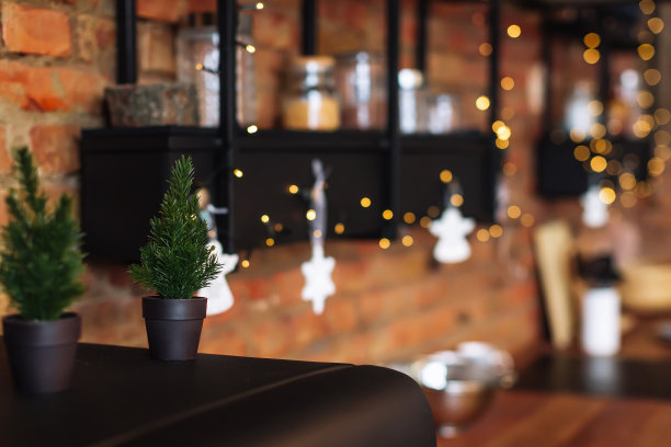 时尚的阁楼内部阁楼厨房与许多灯。准备平安夜和新年晚会的概念。图片下载