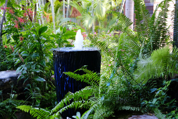 喷泉上的蓝色水罐装饰在花园里图片下载