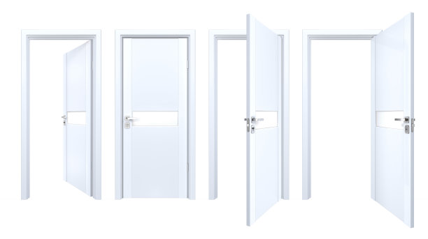 木质复合塑料门与哑光玻璃条纹，隔离在白色。简约现代风格的室内木质入口为极简风格的室内设计图片下载