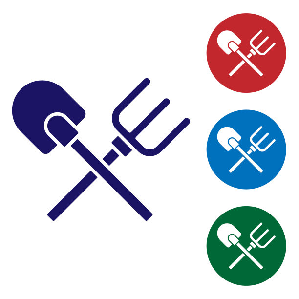 蓝色的铲子和耙图标孤立在白色图片下载