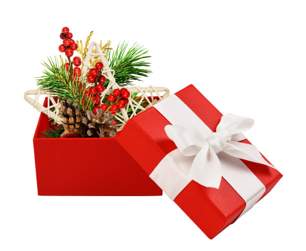 打开红色礼品盒与圣诞装饰孤立在白色图片下载