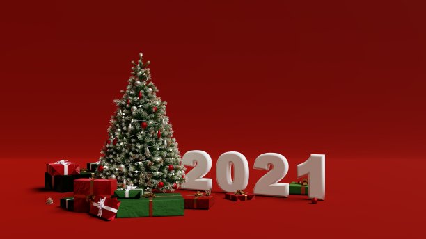 2021新年圣诞树和礼盒红色背景3d渲染3d渲染cgi图片下载