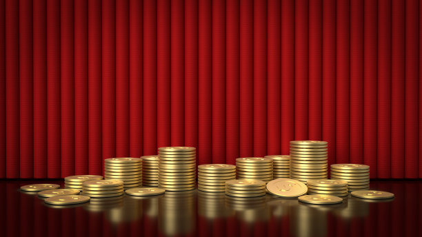 金币和红色窗帘的背景3d渲染。图片下载